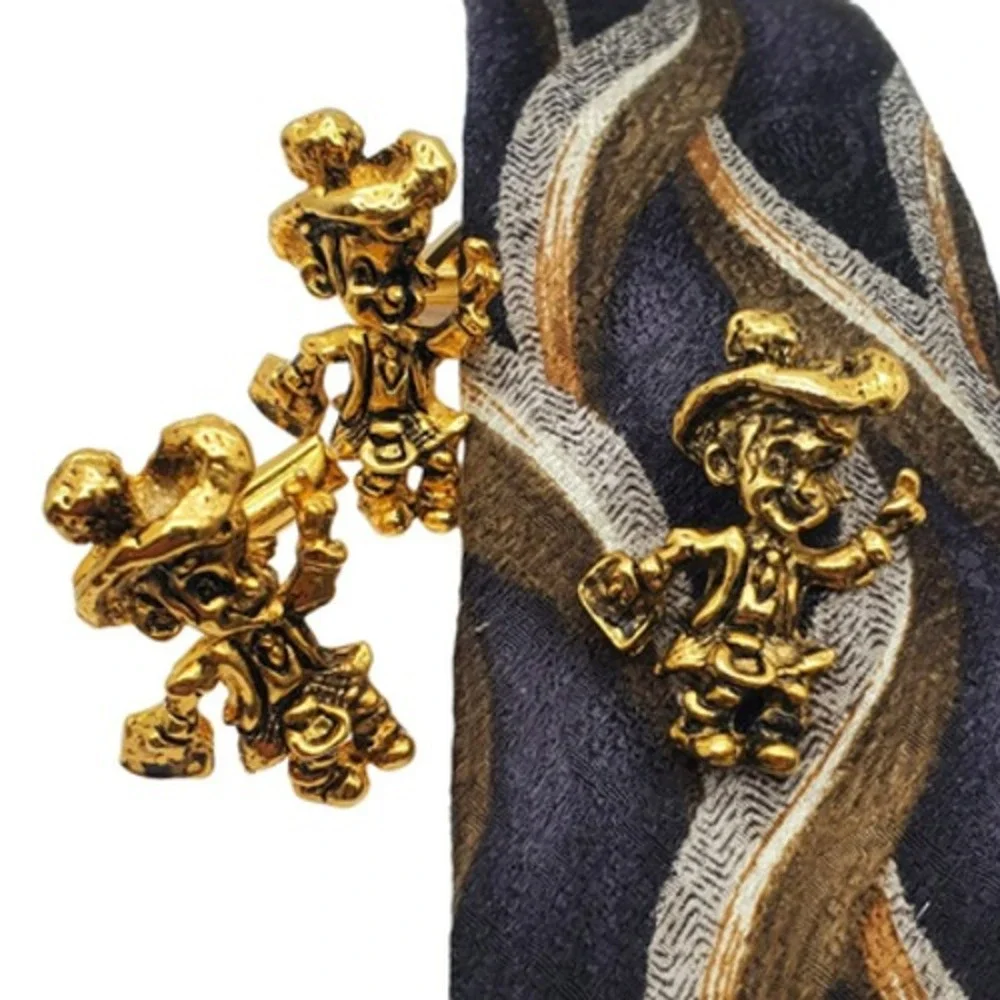 Figural Cufflinks Tie Tack Lapel Pin Set Gold Tone Scottish Leprechaun‎ Vintage